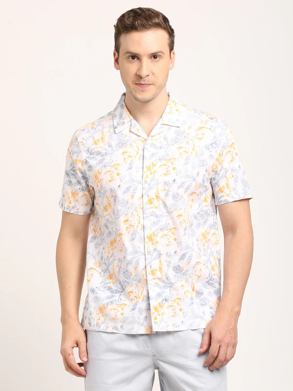 Indian Terrain Men's Slim Fit Half Sleeve All Over Print White Shirt